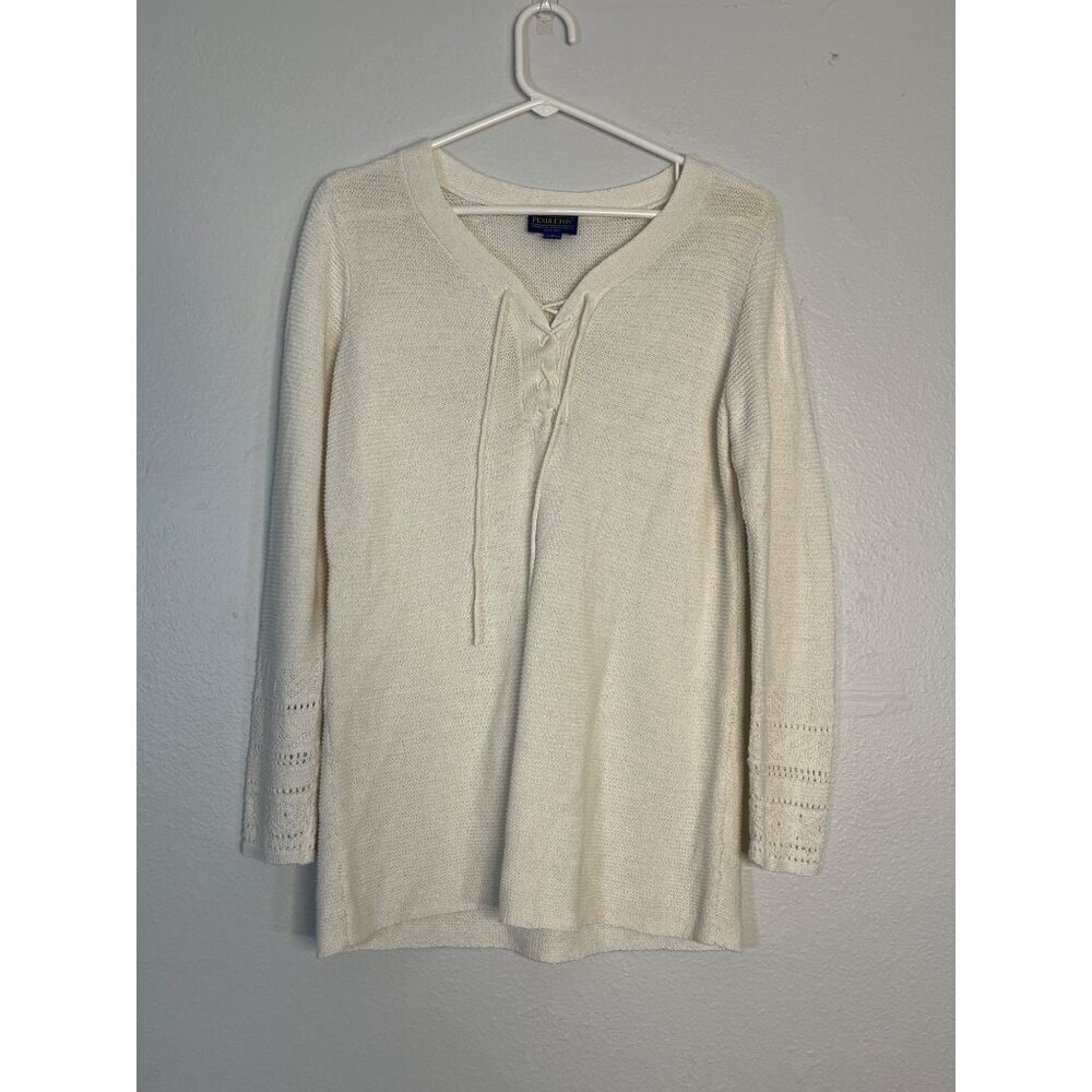 Pendleton Long Sleeve Linen Cotton Blend Knit Top Lace Up Neckline Cream Medium